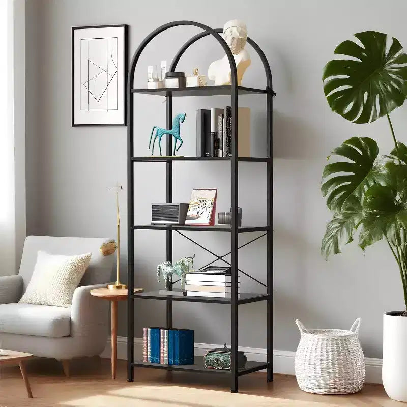 Bookshelf 5 Tier,Arched Display Racks,Tall Shelf for CDs/Books, Modern Storage Rack Shelf Large Wood Book Shelf for Bedroom, Living Room, Home Office