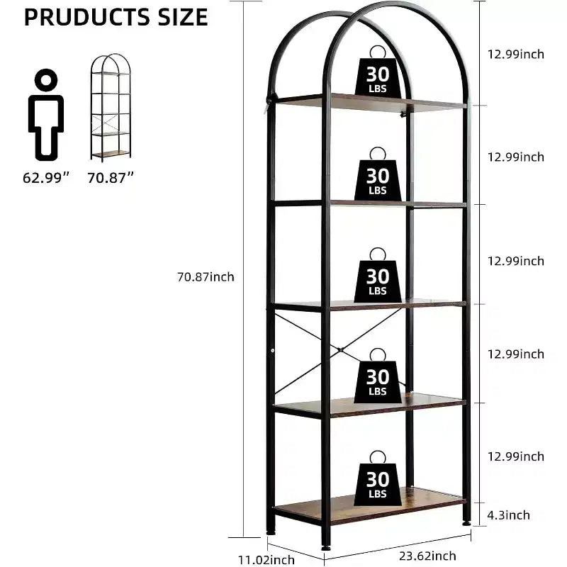 Bookshelf 5 Tier,Arched Display Racks,Tall Shelf for CDs/Books, Modern Storage Rack Shelf Large Wood Book Shelf for Bedroom, Living Room, Home Office