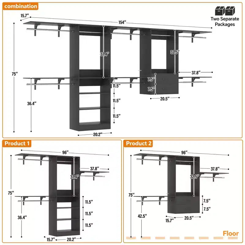 Freestanding Closet System with 8 Hanging Rods, Drawers & 10 Shelves