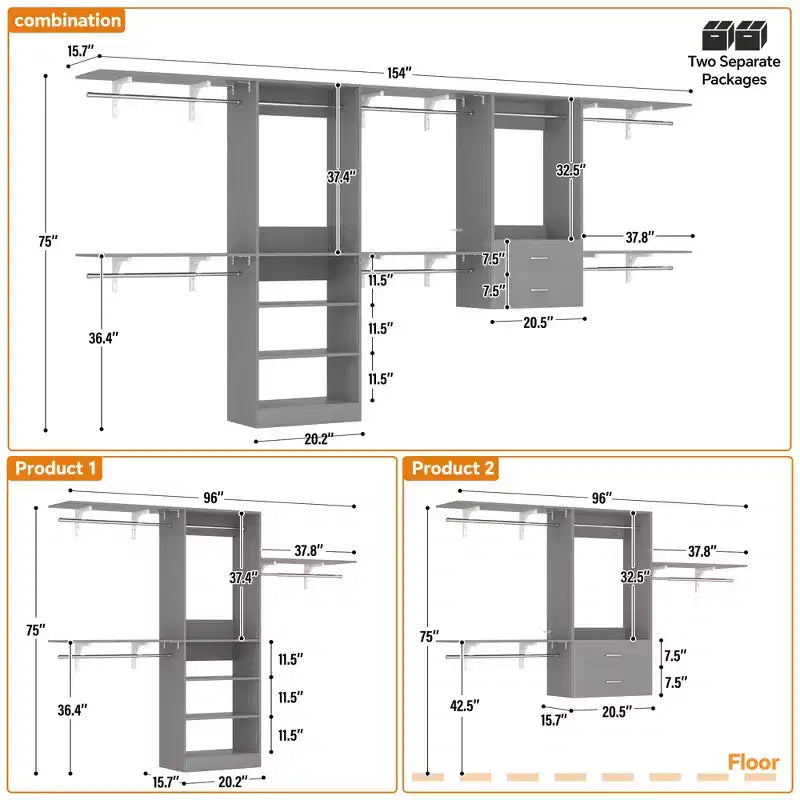 Freestanding Closet System with 8 Hanging Rods, Drawers & 10 Shelves
