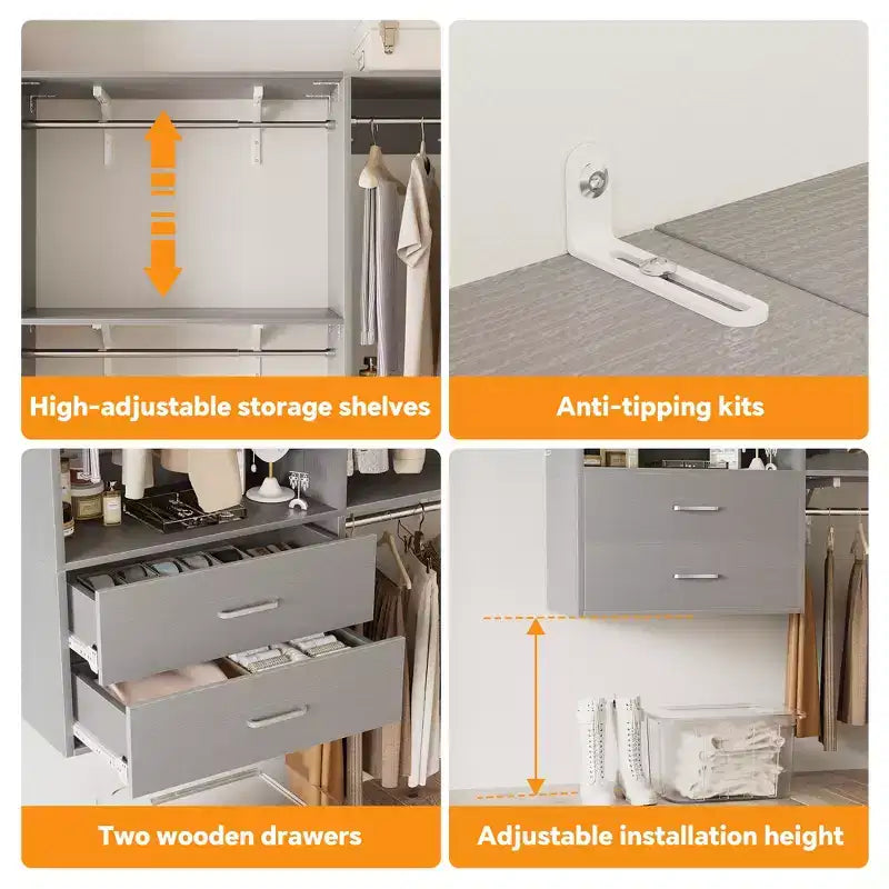 Freestanding Closet System with 8 Hanging Rods, Drawers & 10 Shelves