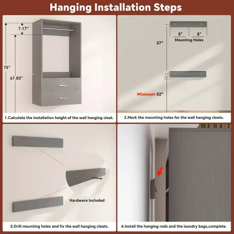 Freestanding Closet System with 8 Hanging Rods, Drawers & 10 Shelves