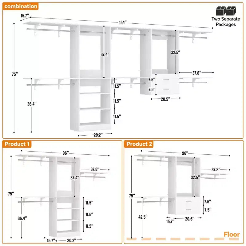Freestanding Closet System with 8 Hanging Rods, Drawers & 10 Shelves