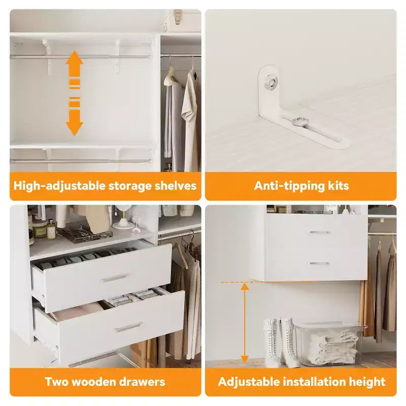 Freestanding Closet System with 8 Hanging Rods, Drawers & 10 Shelves