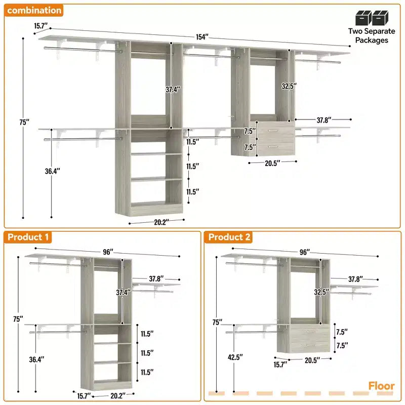 Freestanding Closet System with 8 Hanging Rods, Drawers & 10 Shelves