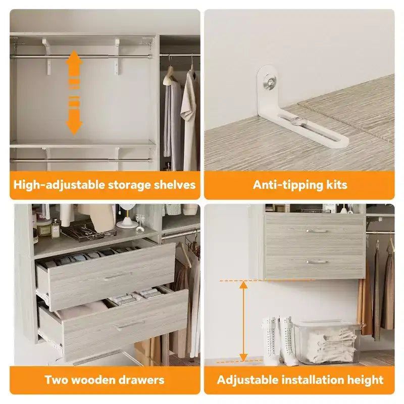 Freestanding Closet System with 8 Hanging Rods, Drawers & 10 Shelves