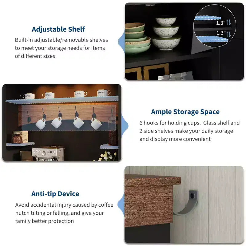 72'' Tall Coffee Bar Cabinet with LED Lights, Adjustable Shelves, Drawers, Glass Shelf, Ample Storage Sideboard Buffet for Living or Dining Room