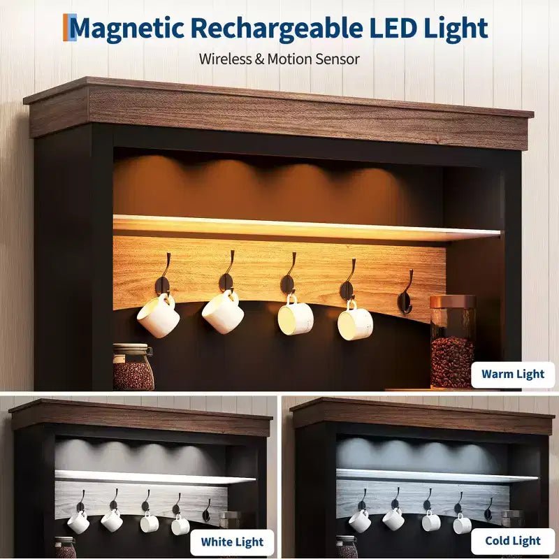 72'' Tall Coffee Bar Cabinet with LED Lights, Adjustable Shelves, Drawers, Glass Shelf, Ample Storage Sideboard Buffet for Living or Dining Room