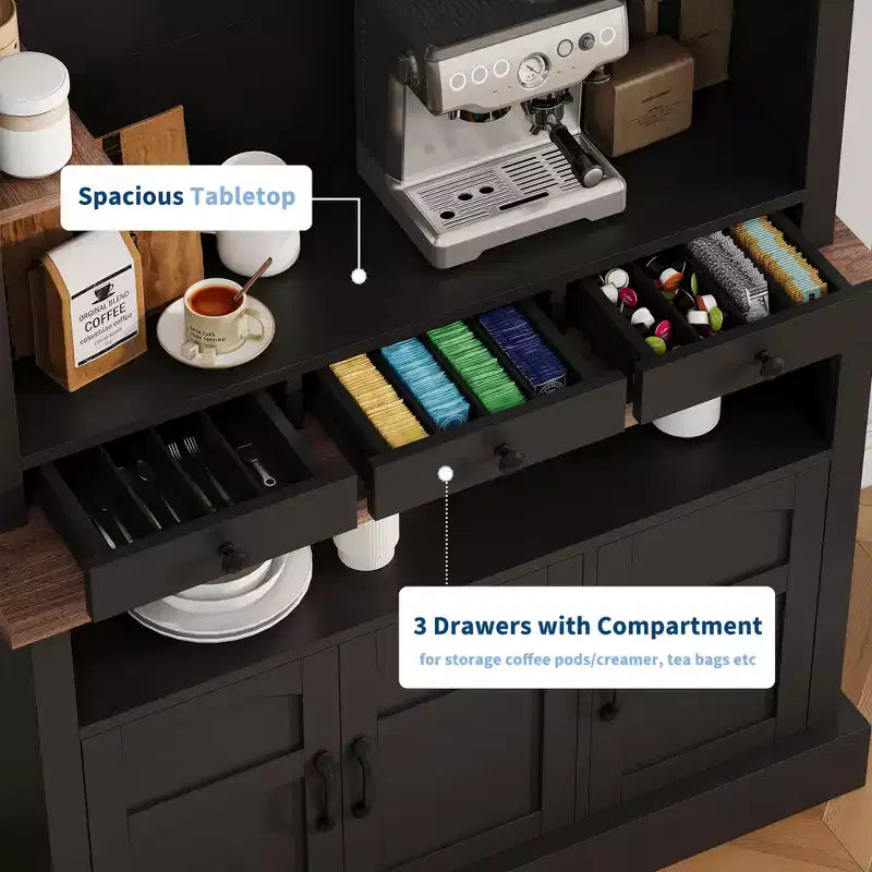 72'' Tall Coffee Bar Cabinet with LED Lights, Adjustable Shelves, Drawers, Glass Shelf, Ample Storage Sideboard Buffet for Living or Dining Room
