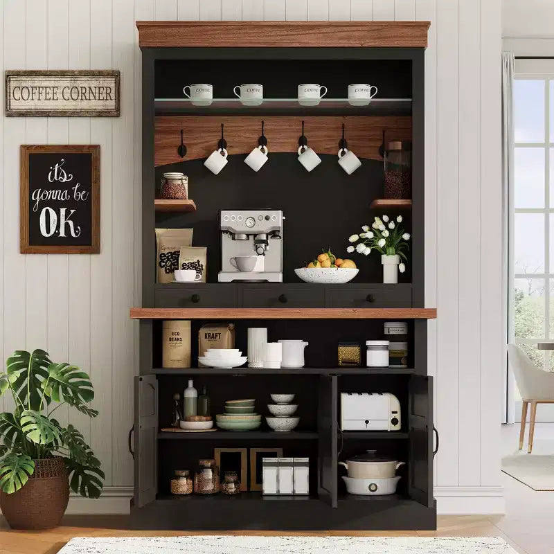 72'' Tall Coffee Bar Cabinet with LED Lights, Adjustable Shelves, Drawers, Glass Shelf, Ample Storage Sideboard Buffet for Living or Dining Room