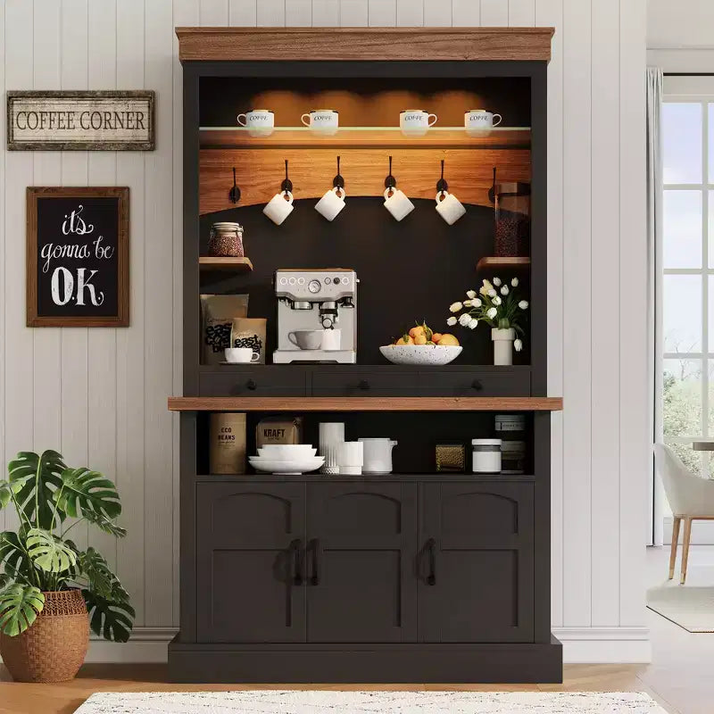 72'' Tall Coffee Bar Cabinet with LED Lights, Adjustable Shelves, Drawers, Glass Shelf, Ample Storage Sideboard Buffet for Living or Dining Room