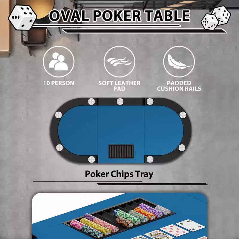 Oval poker table for 10 people - Foldable metal legs - 9 stainless steel cup holders - Waterproof padded rim