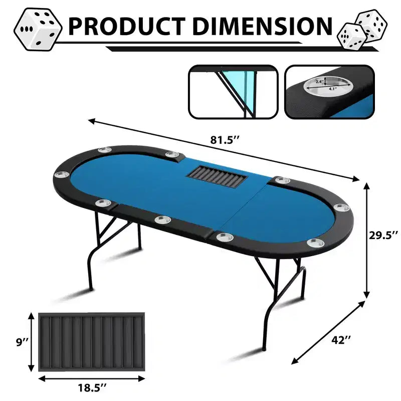 Oval poker table for 10 people - Foldable metal legs - 9 stainless steel cup holders - Waterproof padded rim