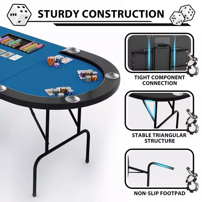 Oval poker table for 10 people - Foldable metal legs - 9 stainless steel cup holders - Waterproof padded rim