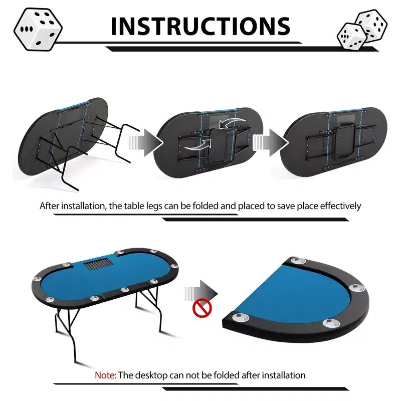 Oval poker table for 10 people - Foldable metal legs - 9 stainless steel cup holders - Waterproof padded rim