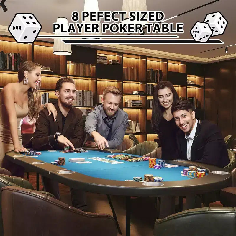 Oval poker table for 10 people - Foldable metal legs - 9 stainless steel cup holders - Waterproof padded rim