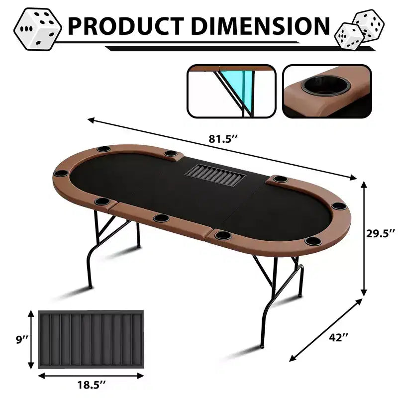 Oval poker table for 10 people - Foldable metal legs - 9 stainless steel cup holders - Waterproof padded rim