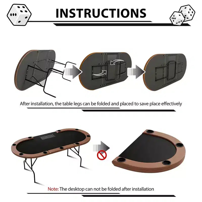 Oval poker table for 10 people - Foldable metal legs - 9 stainless steel cup holders - Waterproof padded rim