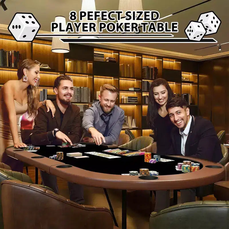Oval poker table for 10 people - Foldable metal legs - 9 stainless steel cup holders - Waterproof padded rim