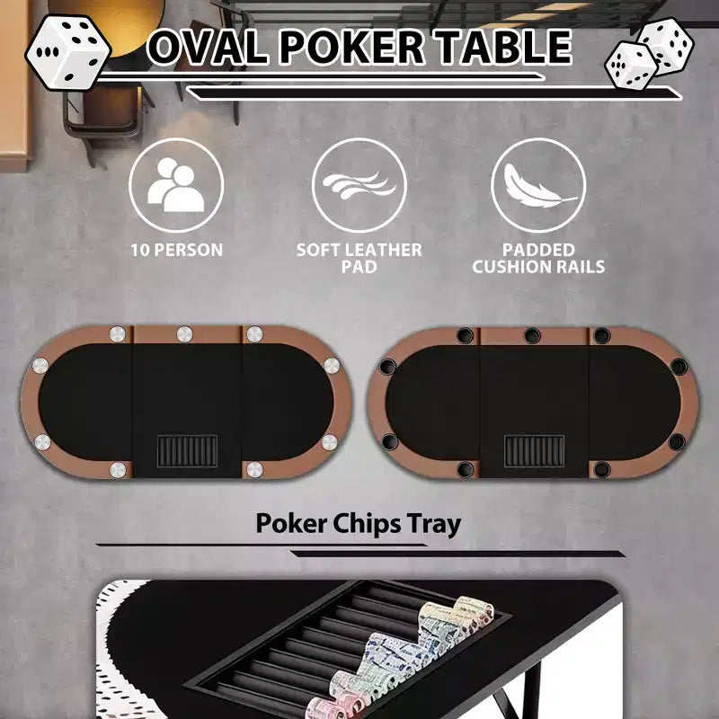 Oval poker table for 10 people - Foldable metal legs - 9 stainless steel cup holders - Waterproof padded rim