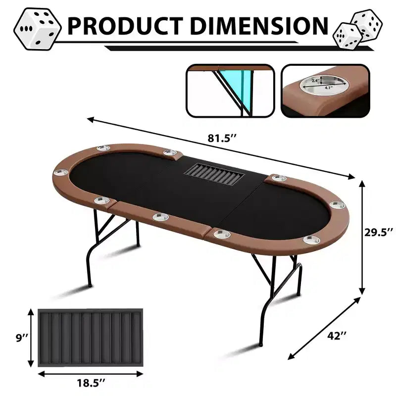 Oval poker table for 10 people - Foldable metal legs - 9 stainless steel cup holders - Waterproof padded rim