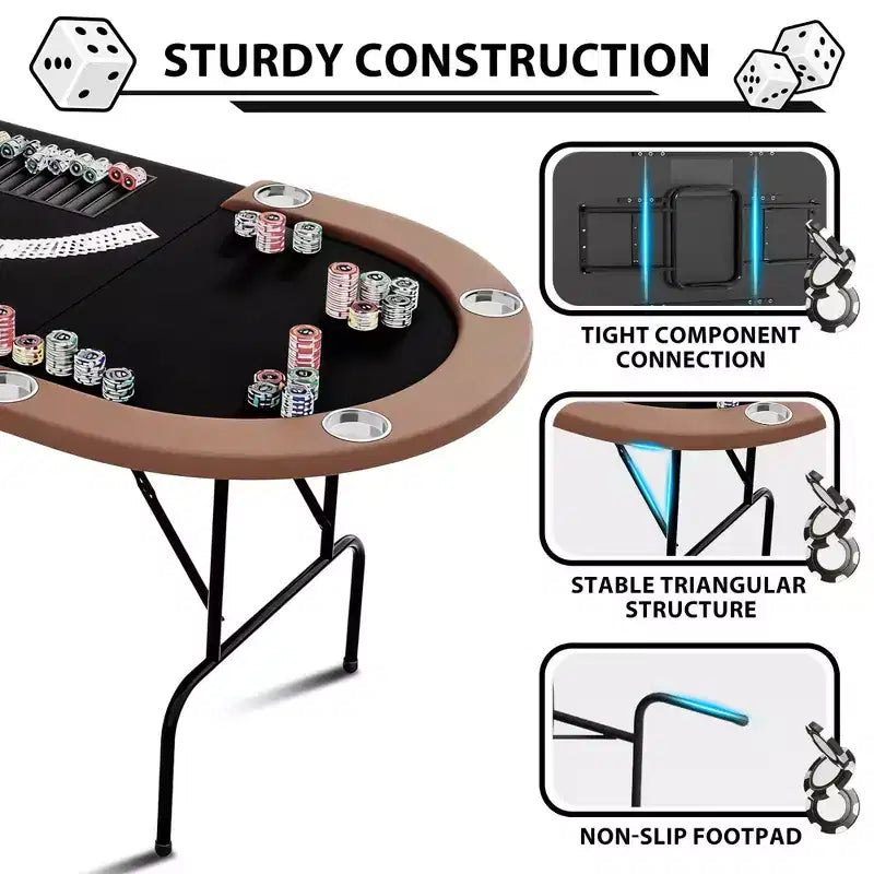 Oval poker table for 10 people - Foldable metal legs - 9 stainless steel cup holders - Waterproof padded rim