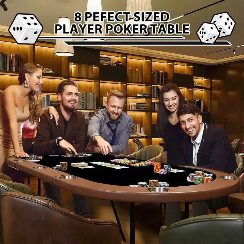 Oval poker table for 10 people - Foldable metal legs - 9 stainless steel cup holders - Waterproof padded rim