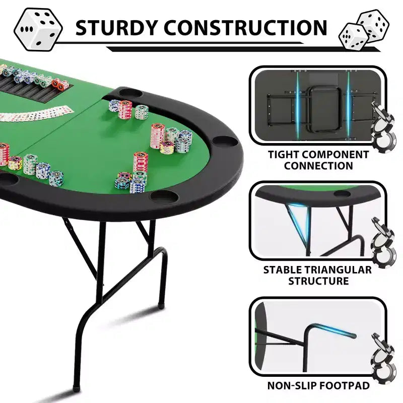 Oval poker table for 10 people - Foldable metal legs - 9 stainless steel cup holders - Waterproof padded rim