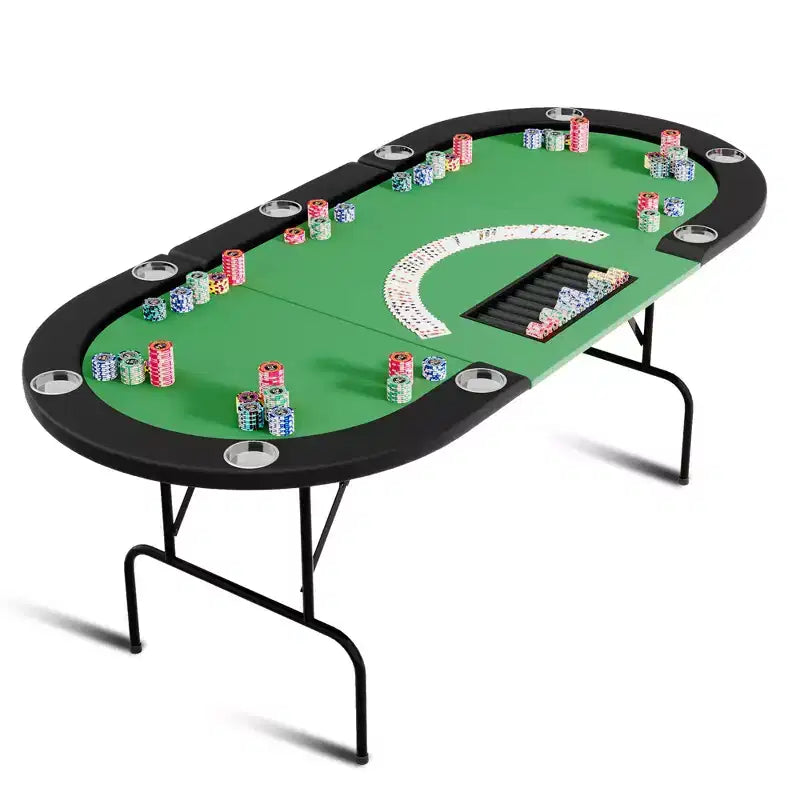 Oval poker table for 10 people - Foldable metal legs - 9 stainless steel cup holders - Waterproof padded rim