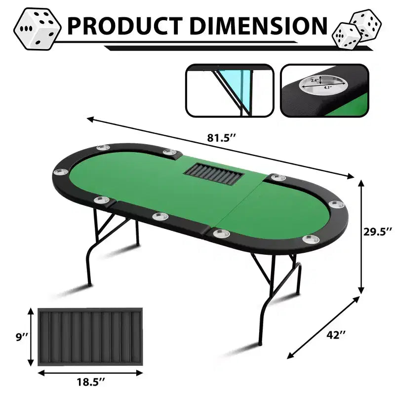 Oval poker table for 10 people - Foldable metal legs - 9 stainless steel cup holders - Waterproof padded rim