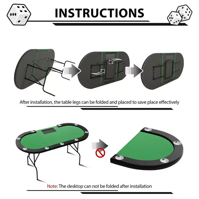 Oval poker table for 10 people - Foldable metal legs - 9 stainless steel cup holders - Waterproof padded rim