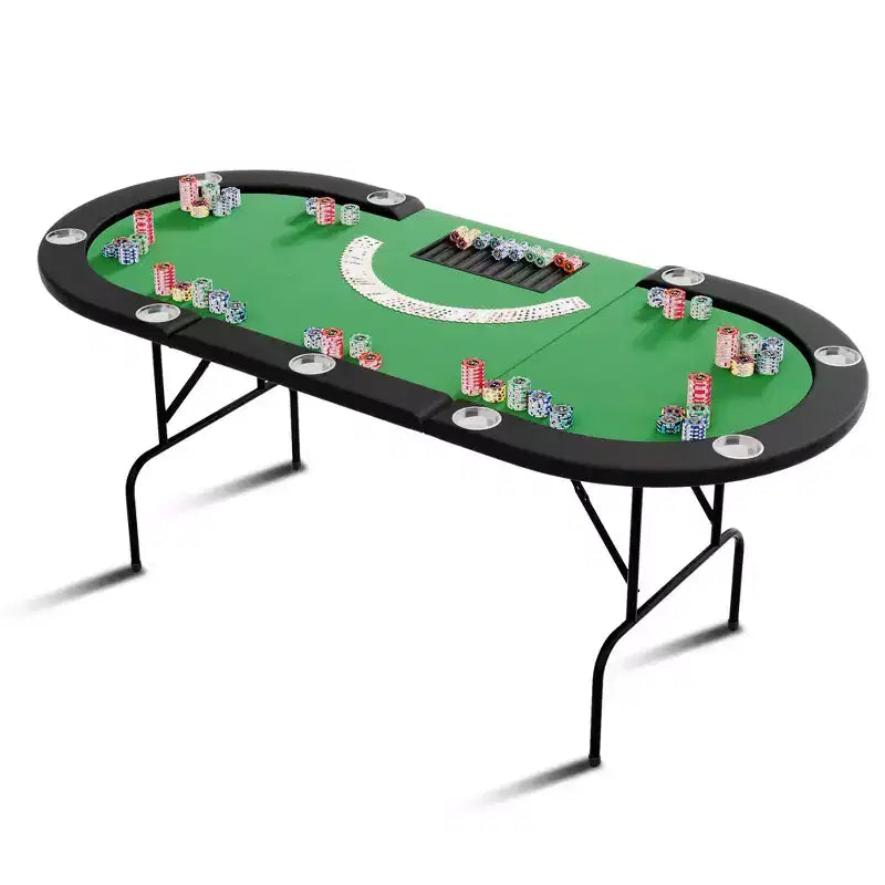 Oval poker table for 10 people - Foldable metal legs - 9 stainless steel cup holders - Waterproof padded rim