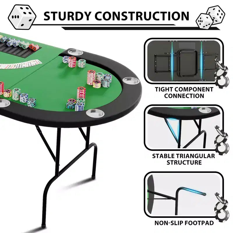 Oval poker table for 10 people - Foldable metal legs - 9 stainless steel cup holders - Waterproof padded rim