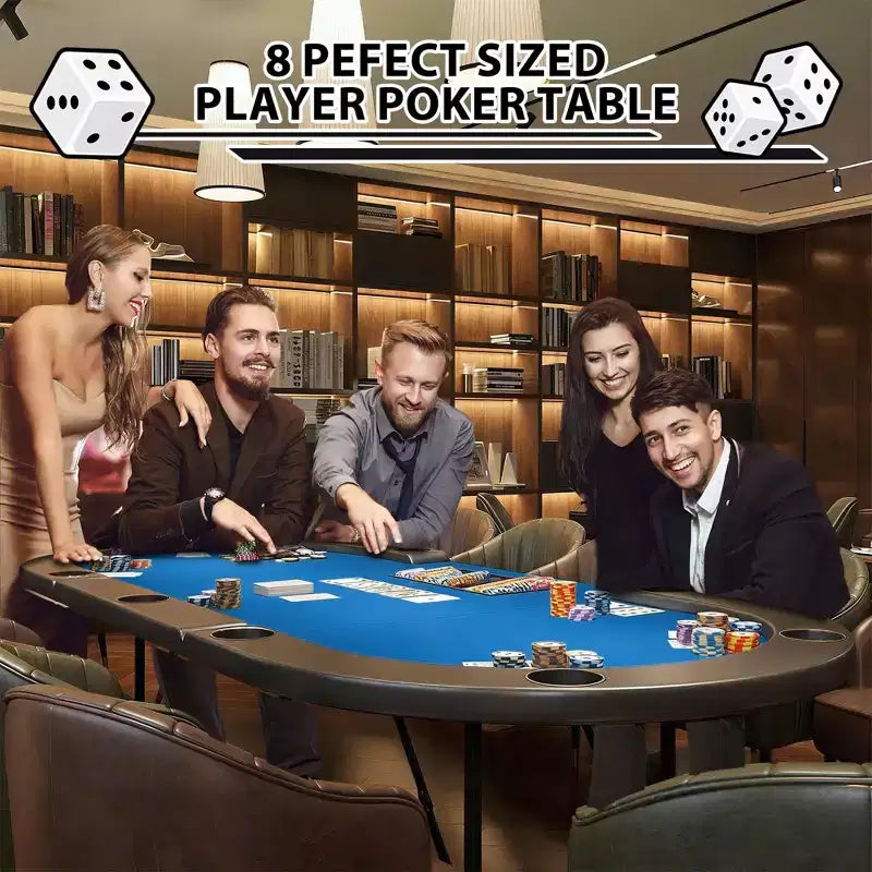Oval poker table for 10 people - Foldable metal legs - 9 stainless steel cup holders - Waterproof padded rim