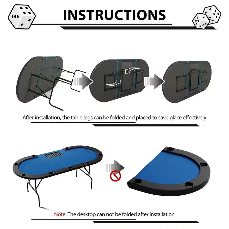 Oval poker table for 10 people - Foldable metal legs - 9 stainless steel cup holders - Waterproof padded rim