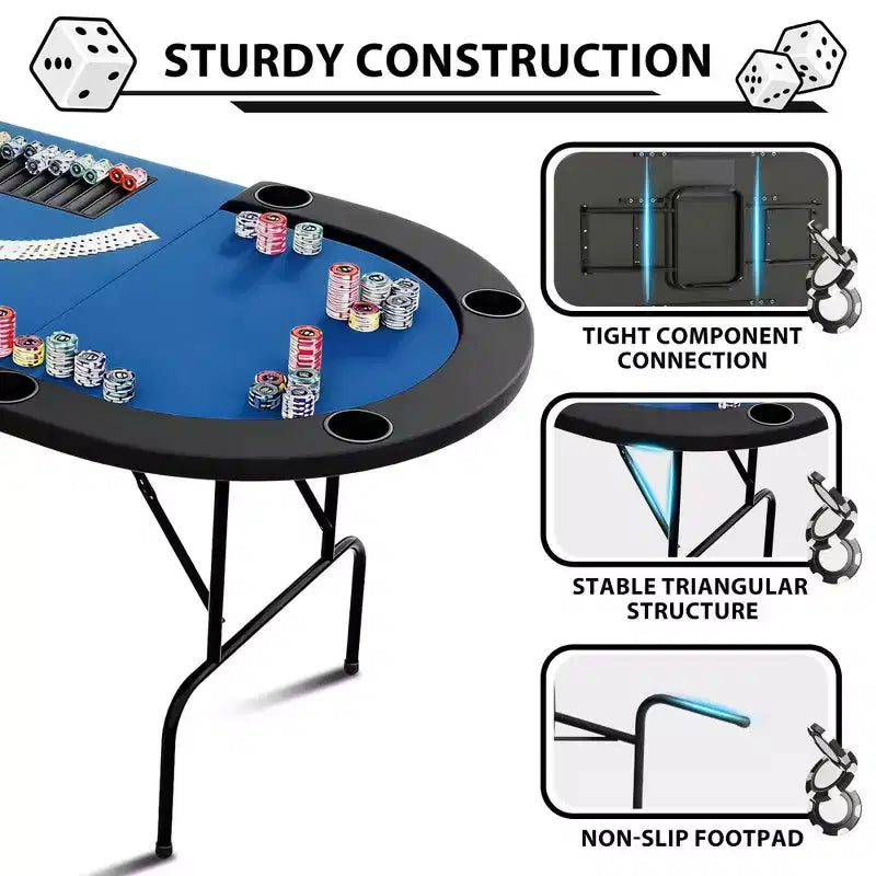 Oval poker table for 10 people - Foldable metal legs - 9 stainless steel cup holders - Waterproof padded rim