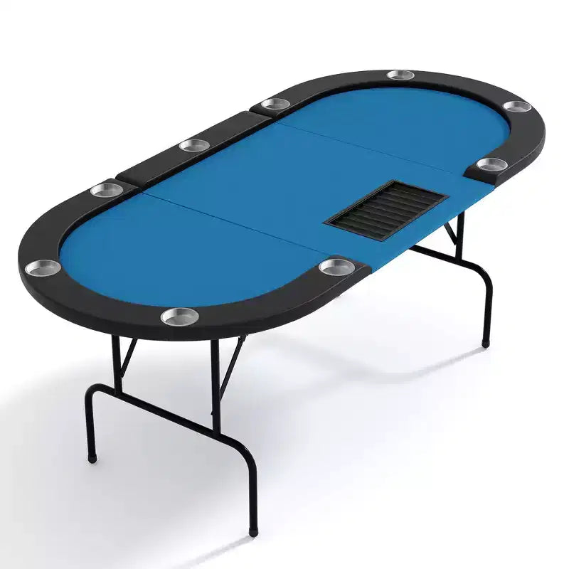 Oval poker table for 10 people - Foldable metal legs - 9 stainless steel cup holders - Waterproof padded rim