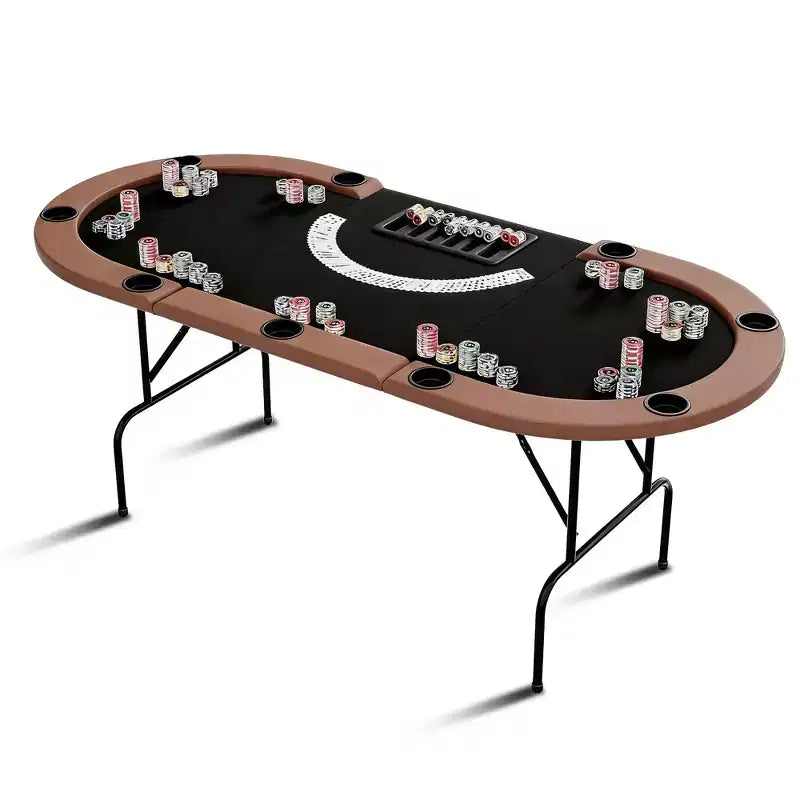 Oval poker table for 10 people - Foldable metal legs - 9 stainless steel cup holders - Waterproof padded rim