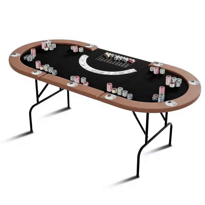 Oval poker table for 10 people - Foldable metal legs - 9 stainless steel cup holders - Waterproof padded rim