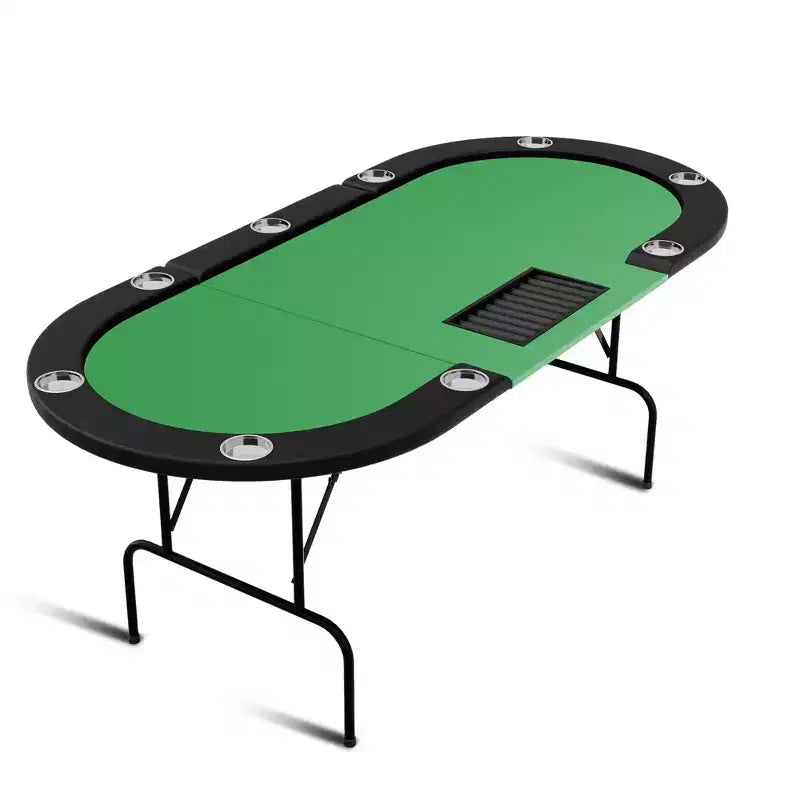Oval poker table for 10 people - Foldable metal legs - 9 stainless steel cup holders - Waterproof padded rim