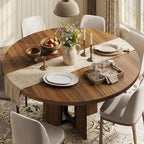 47-63 Extendable Round Dining Room Table for 4-8, Farmhouse Wooden Kitchen Table w/ Wider Leg, Metal Support, Oval Circle, for Dinner, Kitchen