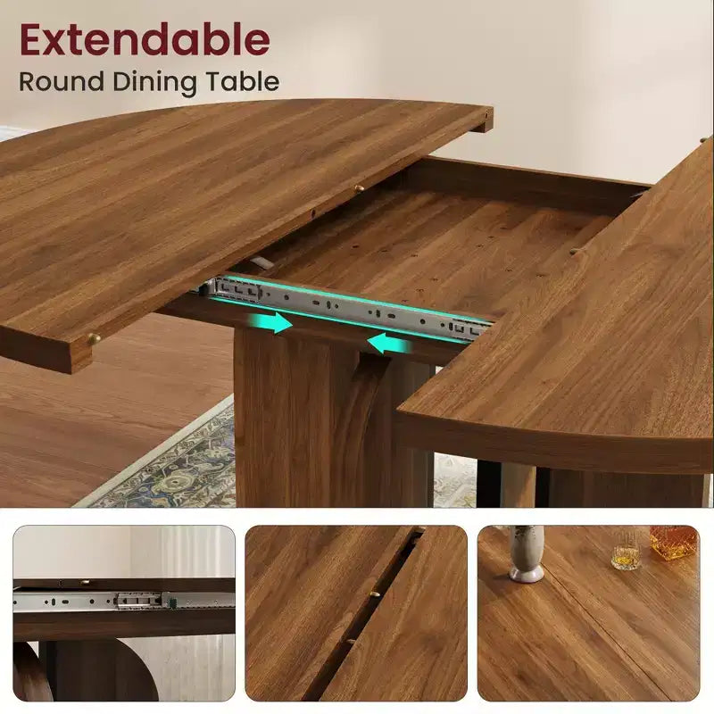47-63 Extendable Round Dining Room Table for 4-8, Farmhouse Wooden Kitchen Table w/ Wider Leg, Metal Support, Oval Circle, for Dinner, Kitchen