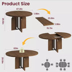 47-63 Extendable Round Dining Room Table for 4-8, Farmhouse Wooden Kitchen Table w/ Wider Leg, Metal Support, Oval Circle, for Dinner, Kitchen