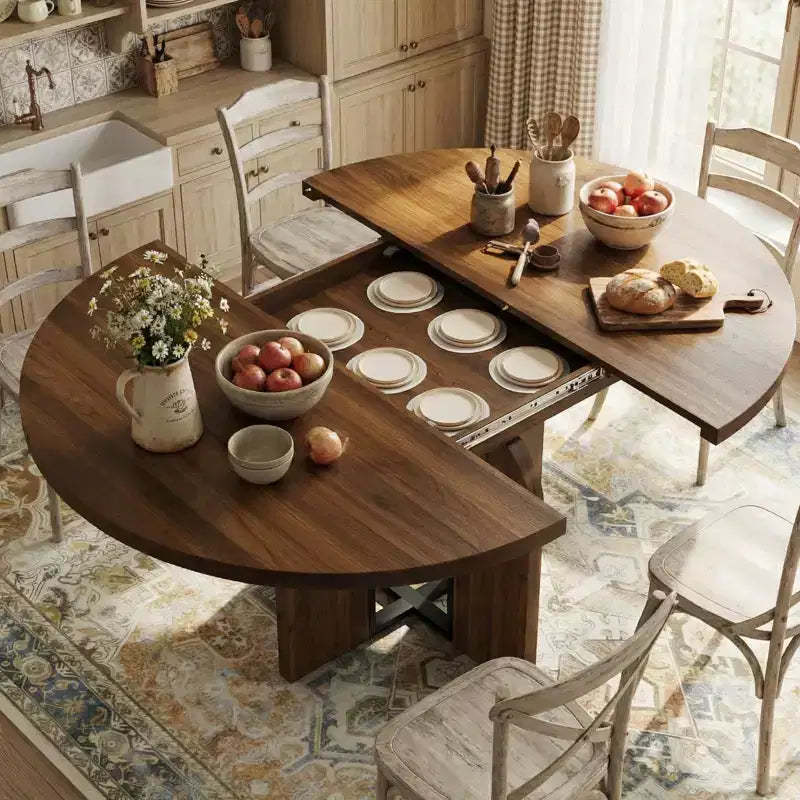 47-63 Extendable Round Dining Room Table for 4-8, Farmhouse Wooden Kitchen Table w/ Wider Leg, Metal Support, Oval Circle, for Dinner, Kitchen