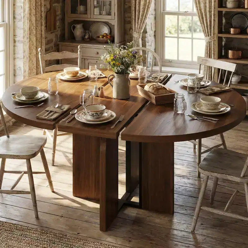 47-63 Extendable Round Dining Room Table for 4-8, Farmhouse Wooden Kitchen Table w/ Wider Leg, Metal Support, Oval Circle, for Dinner, Kitchen