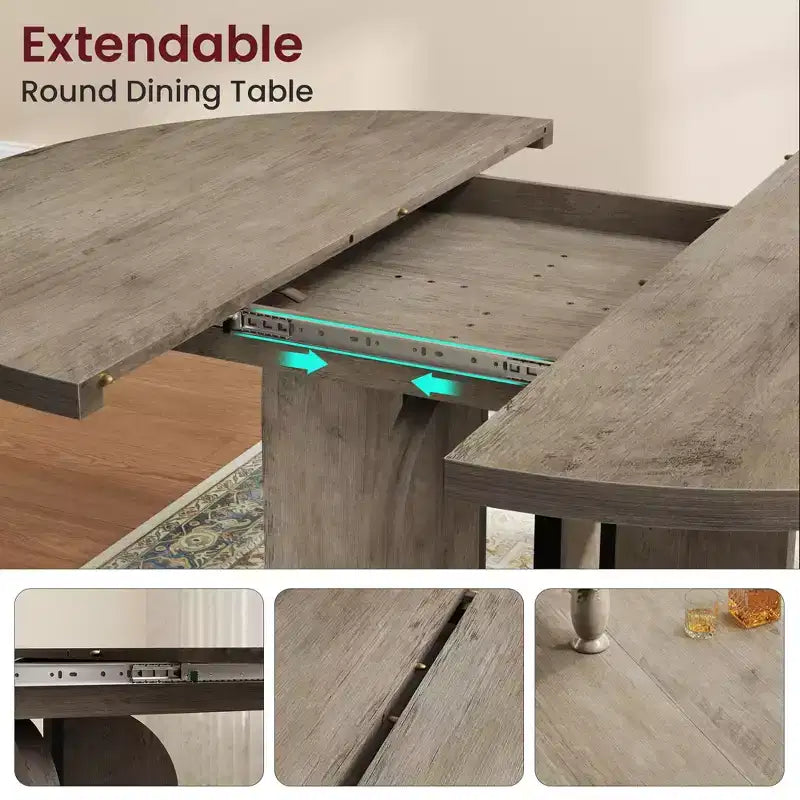 47-63 Extendable Round Dining Room Table for 4-8, Farmhouse Wooden Kitchen Table w/ Wider Leg, Metal Support, Oval Circle, for Dinner, Kitchen