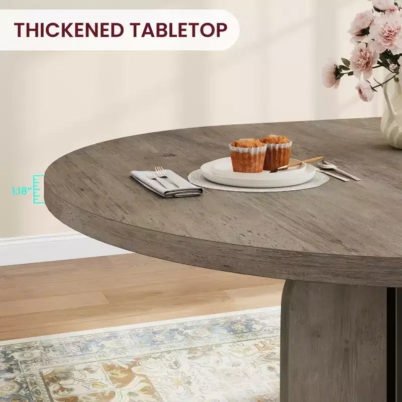 47-63 Extendable Round Dining Room Table for 4-8, Farmhouse Wooden Kitchen Table w/ Wider Leg, Metal Support, Oval Circle, for Dinner, Kitchen