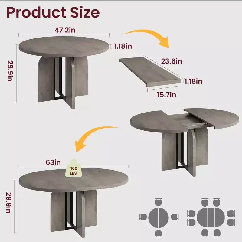 47-63 Extendable Round Dining Room Table for 4-8, Farmhouse Wooden Kitchen Table w/ Wider Leg, Metal Support, Oval Circle, for Dinner, Kitchen
