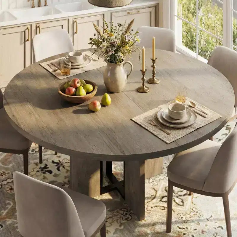 47-63 Extendable Round Dining Room Table for 4-8, Farmhouse Wooden Kitchen Table w/ Wider Leg, Metal Support, Oval Circle, for Dinner, Kitchen