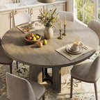 47-63 Extendable Round Dining Room Table for 4-8, Farmhouse Wooden Kitchen Table w/ Wider Leg, Metal Support, Oval Circle, for Dinner, Kitchen